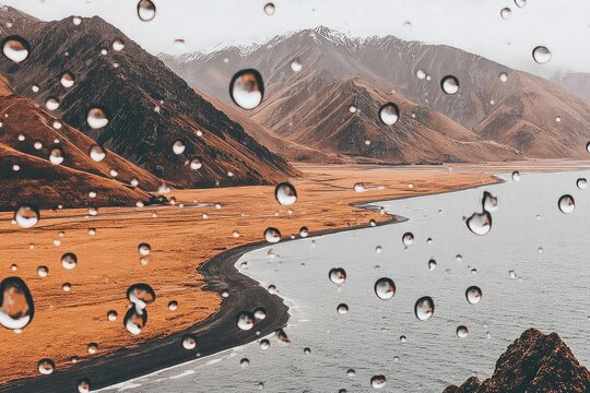 Fototapeta Mountainous landscape seen through rain-streaked window