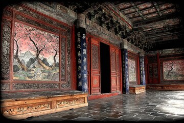 Intricate Asian temple hall, ornate wood panels, and painted murals
