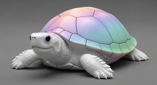 A whimsical, digitally rendered turtle with a vibrant, iridescent shell, resting on a gray surface.