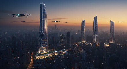 Obraz premium Futuristic Cityscape at Twilight with Autonomous Drones and Illuminated Modern Skyscrapers