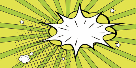 A vibrant comic book-style explosion graphic.  Bright, lime green radiating outward from a central white burst.  The background is filled with radiating lines and a dotted effect, adding to the dynami
