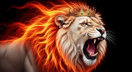 A regal lion with a fiery mane and crown, roaring with power and dominance against a black background.