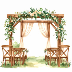 Elegant rustic wedding arch with cream roses, lush greenery, draped curtains, and wooden chairs.