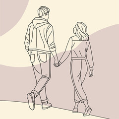 Continuous single line drawing of a couple walking hand in hand, line art vector illustration
