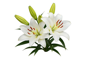 White lilies with green buds and leaves floral blooming