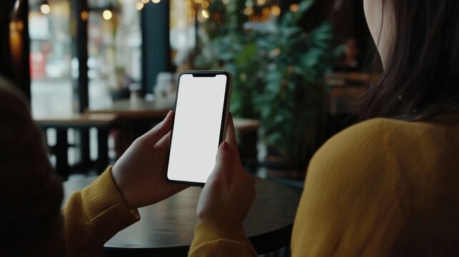 Cell phone white screen mockup, businesswoman holding mobile phone, finger touching on blank screen while working at coffee shop, mockup for advertisement