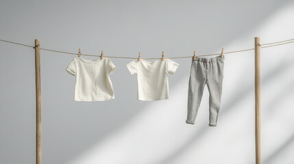 Children clothing in neutral tones hangs on clothesline, featuring two white shirts and gray pants. minimalist setup and soft lighting create serene atmosphere