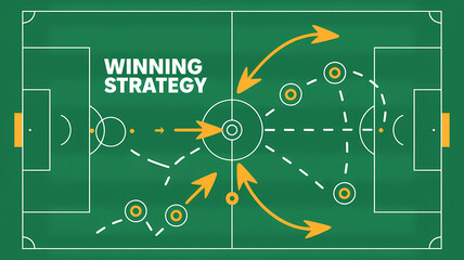  A Modern Flat Illustration of a Soccer Field with a Tactical Play Diagram, Symbolizing Sports Strategy, Teamwork, and Coaching Analytics