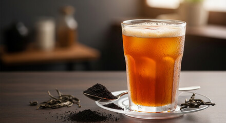 A refreshing glass of iced tea sits invitingly on a wooden surface, alongside scattered tea leaves and loose tea. capture the cool drink, invoking a sense of ease and relaxation.