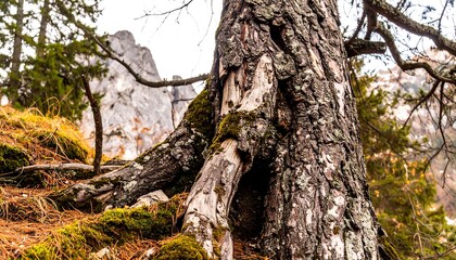 A close-up view of a weathered pine tree trunk with gnarled roots emerging from the mossy forest floor, showcasing the intricate texture and natural beauty of the mountain landscape.