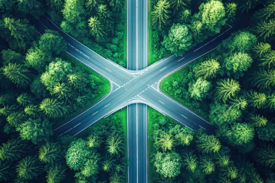 Lush trees frame a serene crossroads, showcasing asphalt roads intersecting peacefully in nature under clear skies