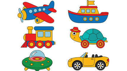 Six Cartoon Vehicles and Animals Including an Airplane, Boat, Train, Turtle, UFO, and Car