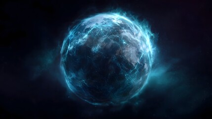 Digital earth hologram spinning on a dark background