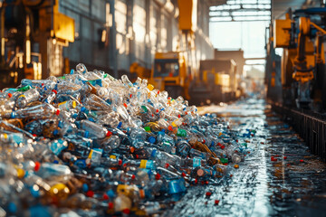 Bright sunlight illuminates a recycling facility where a sizable heap of plastic bottles and containers is collected for processing