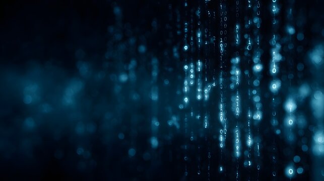 Futuristic digital code and data visualization on a dark blue screen - Powered by Adobe
