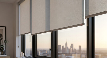 An urban cityscape framed by a sunlit window. The soft, muted light filters through the blinds, creating a sense of tranquility.