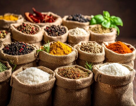 Variety of spices in burlap bags on a dark surface