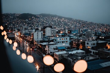 Cityscape at twilight, illuminated by lights.  A view of a densely populated urban area with buildings, roads, and lights. Rain-streaked streets and warm lights from buildings and strung fairy lights