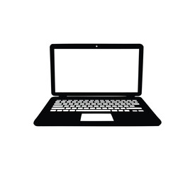 Black and white digital drawing of a laptop computer with blank screen silhouette vector illustration