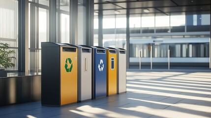 Clean recycling point with waste segregation bins high resolution picture