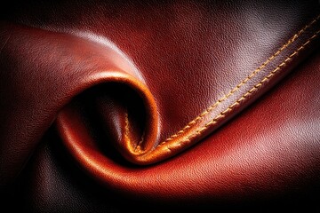 Close-up of rich brown leather, draped in a swirling pattern, with visible stitching