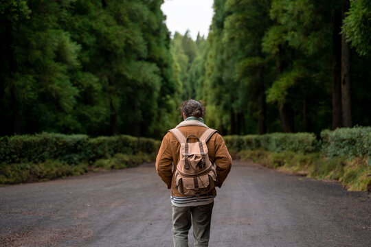 Rear view of man on forest road, Sao Miguel Island, Azores, Portugal