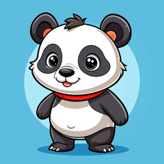 Fototapeta premium Cute standing cartoon panda with big shiny eyes, a red collar, and a happy expression.