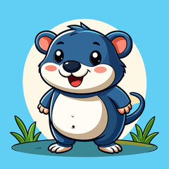 Fototapeta premium A cheerful blue cartoon mouse character standing with a happy expression and big shiny eyes.