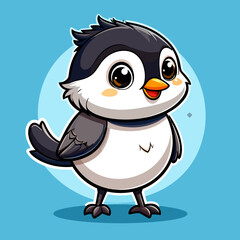 Naklejka premium Adorable Cartoon Penguin Chick: Plump, White Body, Black Head, Orange Beak, Big Eyes