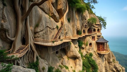 Ancient Cliffside Village Held by Giant Roots