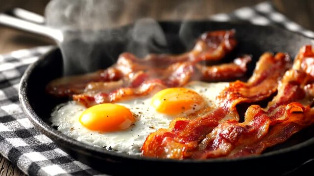 Crispy bacon and fried eggs sizzling in a hot cast iron skillet.