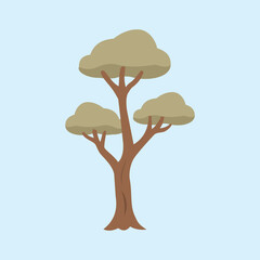 A simple tree illustration with a brown trunk and three canopies of dull green clumped leaves on a plain blue background.