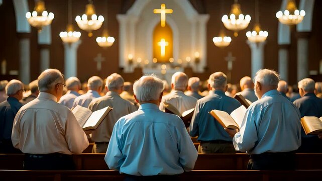 Church choir group singing hymns together with open books under glowing chandeliers and cross in background