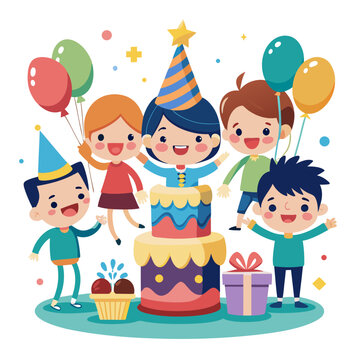 kids celebrating birthday with cake and balloons clip art preview
