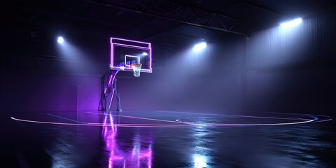 A basketball court with neon lights and spotlights