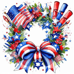 Obraz premium Patriotic Wreath Watercolor, USA Flags, 4th of July Decoration, Independence Day Celebration