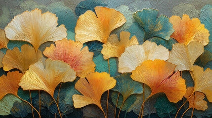 Golden Ginkgo Leaves In Artistic Pattern: Elegant Autumn Inspired Foliage With Shades Of Yellow Orange And Gray On Decorative Background Representing Nature Beauty And Botanical Design