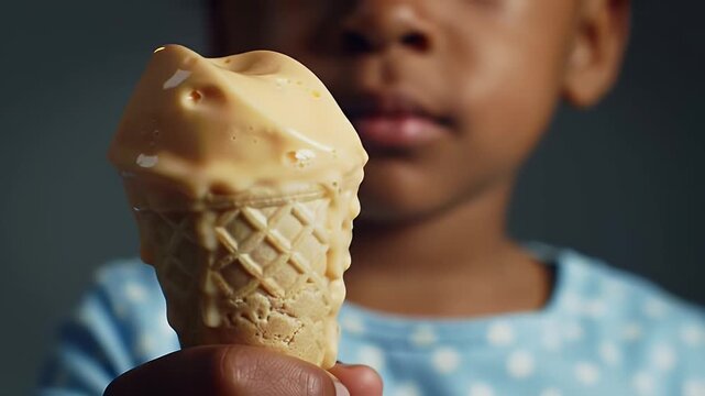 Young Child Holds Melting Caramel Ice Cream Cone in Studio with Soft Lighting and Blue Polkadot Shirt