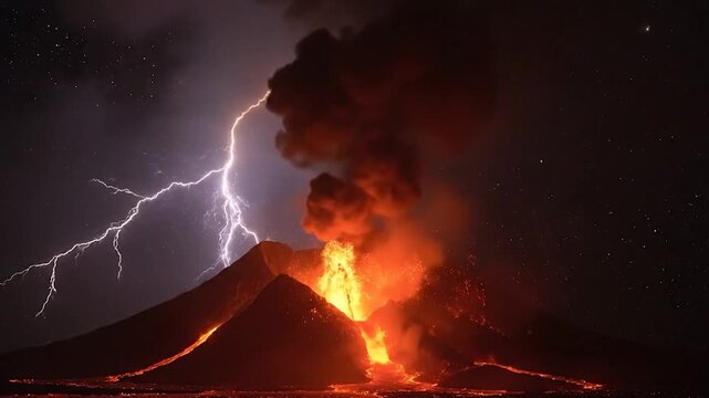 &Eacute;ruption volcanique explosive avec &eacute;clairs dans la nuit