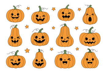Spooky halloween pumpkins jack o lanterns with funny faces and stars decoration