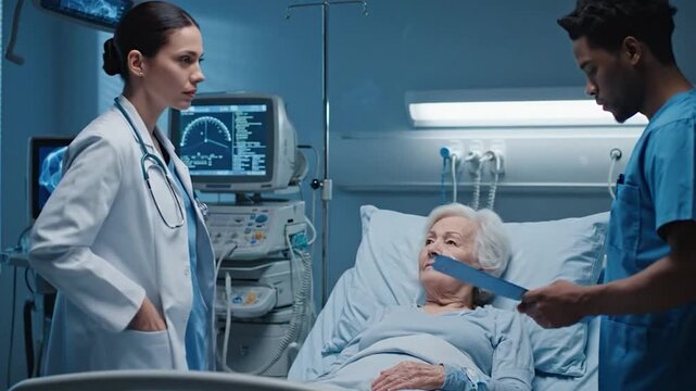 M&eacute;decin mesurant le pouls d'une patiente ag&eacute;e