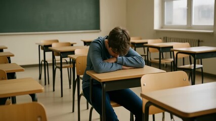 Lonely teenager sitting in an empty classroom, head on desk. Symbol of school bullying, isolation, depression and mental health issues - Powered by Adobe