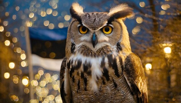 A realistic illustration of a majestic Eurasian eagle-owl perched at night, with the Estonian flag and city lights in the blurred background. AI generated content.