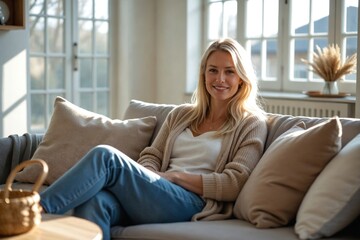 Beautiful 40-year-old Scandinavian woman relaxing comfortably on a cozy hygge-style sofa, smiling serenely and enjoying a peaceful moment at home.