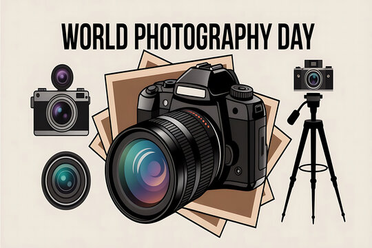 A collection of cameras and lenses for world photography day celebration