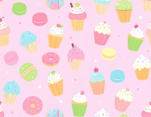 Illustration of cute desserts- pastel cupcakes, donuts, and macarons