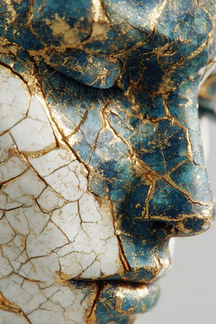 Close up of kintsugi art highlighting human head with intricate cracks and gold detailing