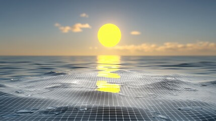 A serene seascape at sunrise, featuring a sunlit grid pattern beneath rippling water.