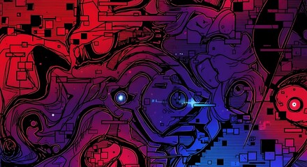 Dynamic abstract digital art with vibrant red and blue gradient, featuring glitch effects and intricate geometric patterns, evoking futuristic technology and complex data streams.