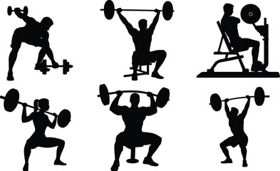 Weightlifting silhouettes, gym training poses, barbell exercises, strong athletes, fitness workout, powerlifting, bodybuilding, squat technique, lifting weights, gym icons